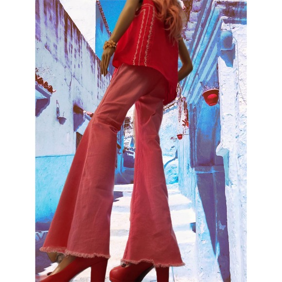 Vintage Pink Bell-bottom Jeans Flare Retro 70's Style Sz L - Picture 1 of 8